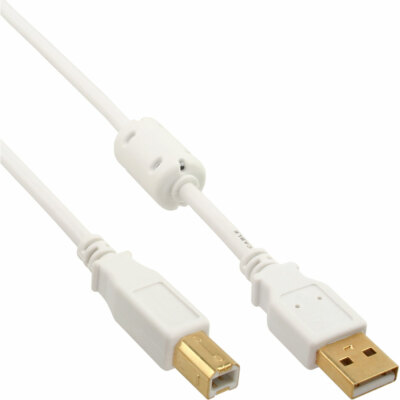 InLine  USB 2.0 Kabel A zu B mit Ferritkern weiß / gold 3m