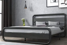 Full Size Heavy Duty Metal Bed Frame with Wooden Headboard & Footboard, Black