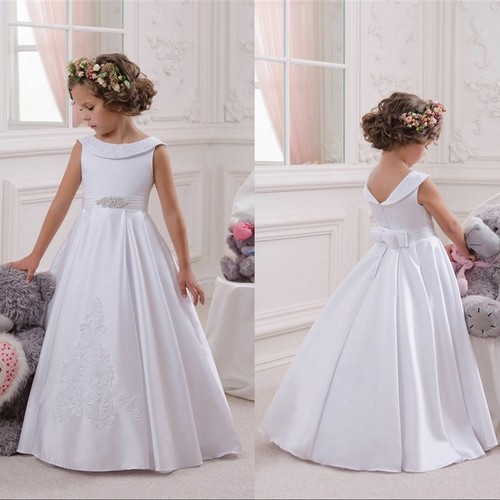 White Satin Communion Prom Princess Pageant Bridesmaid Wedding Flower Girl Dress - Picture 3 of 7