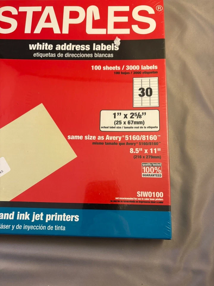 Staples Laser/Inkjet Address Labels 1" x 2 5/8" White 30 Labels/Sheet 100 Sheets - Image 2 of 4