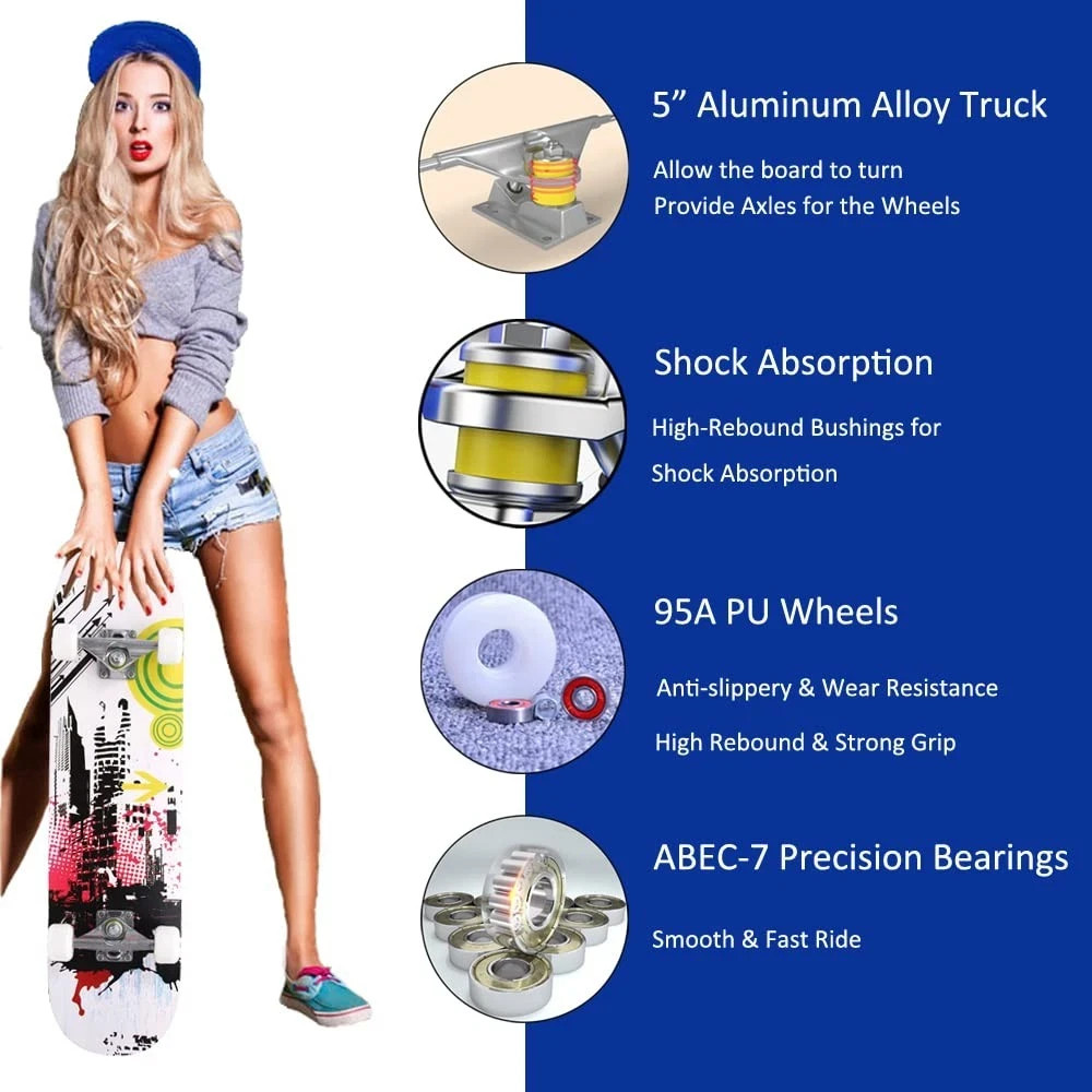 Skateboards for Beginners Adults Youths Teens Kids Girls Boys 31 Inch Pro Com...