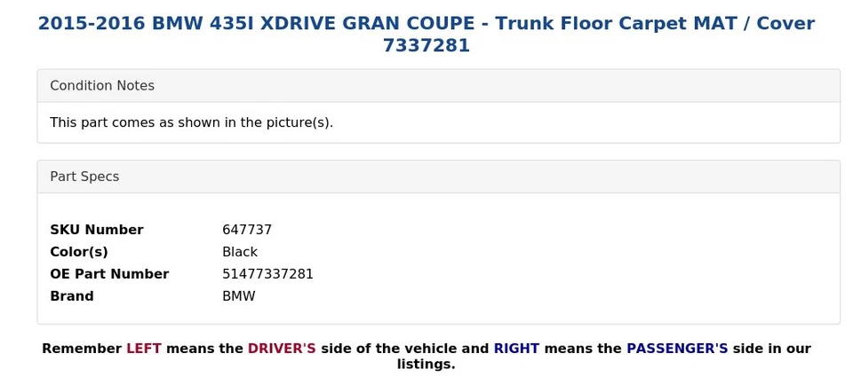 BMW 435I XDRIVE GRAN CUPÉ 2015-2016 - Alfombrilla de piso de maletero / cubierta 7337281 Foto 4 de 4