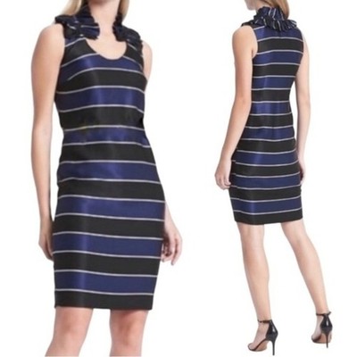 Banana Republic Shift Dress Womens 8P Petite Striped Ruffle Neck Formal Chic