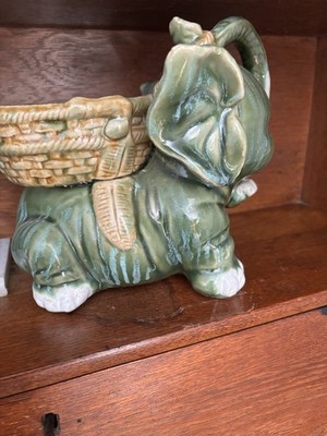 Ceramic Elephant Planter Glazed Green Basketweave Indoor Decorative