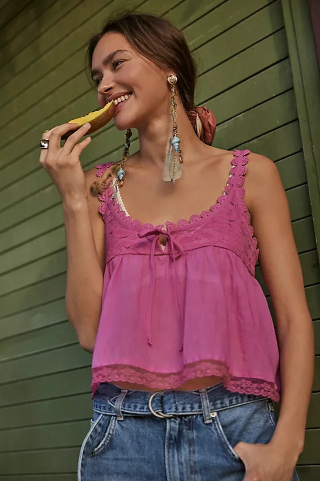 Free People Stevie Lace Tank Top Cropped Babydoll Scoop Neck Lace Tie M NEW
