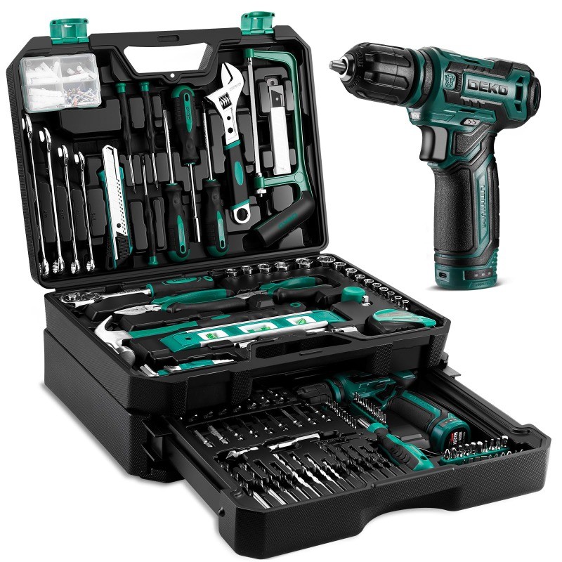 Mechanic Tool Set for Home Repairs with 12V Drill, Green