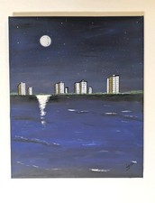 Original Acryl Kunstwerk ABERDEEN BEI NACHT handgemalt auf Leinwand 25 cm x 30 cm