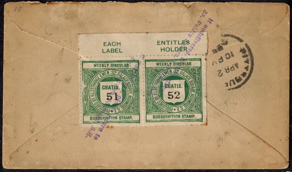 Cubierta QV de Gran Bretaña 1899 con par de 1d y estampillas de suscripción de 1/2d y Norwood Foto 2 de 2