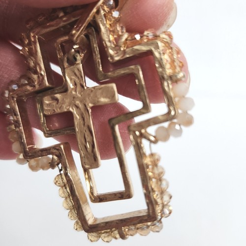 Beaded Gold Tone Cross Pendant Charm Embellished Vtg DIY Jewelry Craft Supply - Picture 4 of 7