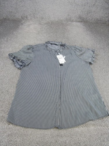 T Tahari Shirt Womens Medium Navy Blue Striped Ruffle Blouse NEW