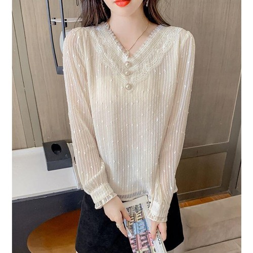 Autumn Women Solid Color Chiffon Shirt V-neck Lantern Sleeves Lace Hollow Blouse - Picture 4 of 11