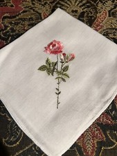 Vintage Embroidered Pink Roses Hankie VGC   