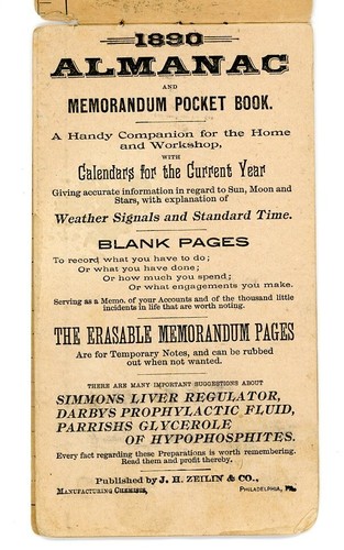 1890 Regulator Almanac Memoranda J.H. Zeilin & Company Pocket Book Calendars - Picture 3 of 5