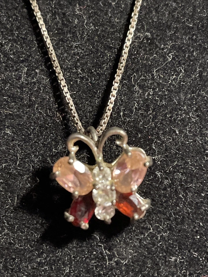 Collar de plata de ley 925 con tono plata mariposa rosa, rojo, piedras transparentes20 Foto 2 de 4