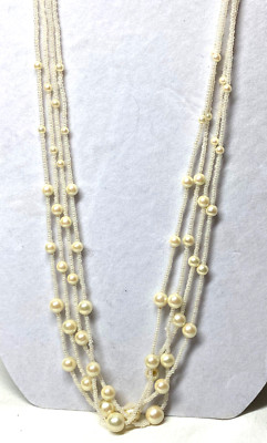 Vintage Trifari 4 Layer Micro White Faux Pearl With Ivory Faux Pearls 30'' Long