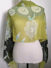 Vintage Polyester Green Black Floral Oblong Scarf 20 x 62 Inches China