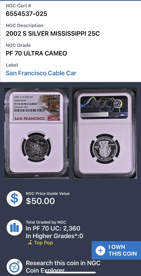 2002-S  - SILVER PROOF MISSISSIPPI STATE 25c - NGC PF70 UCAM San Francisco - Image 3 of 3