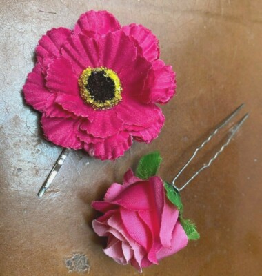 flowers hairpin dark pink 2'' also two tone 1.5'' mini rose 2 pieces