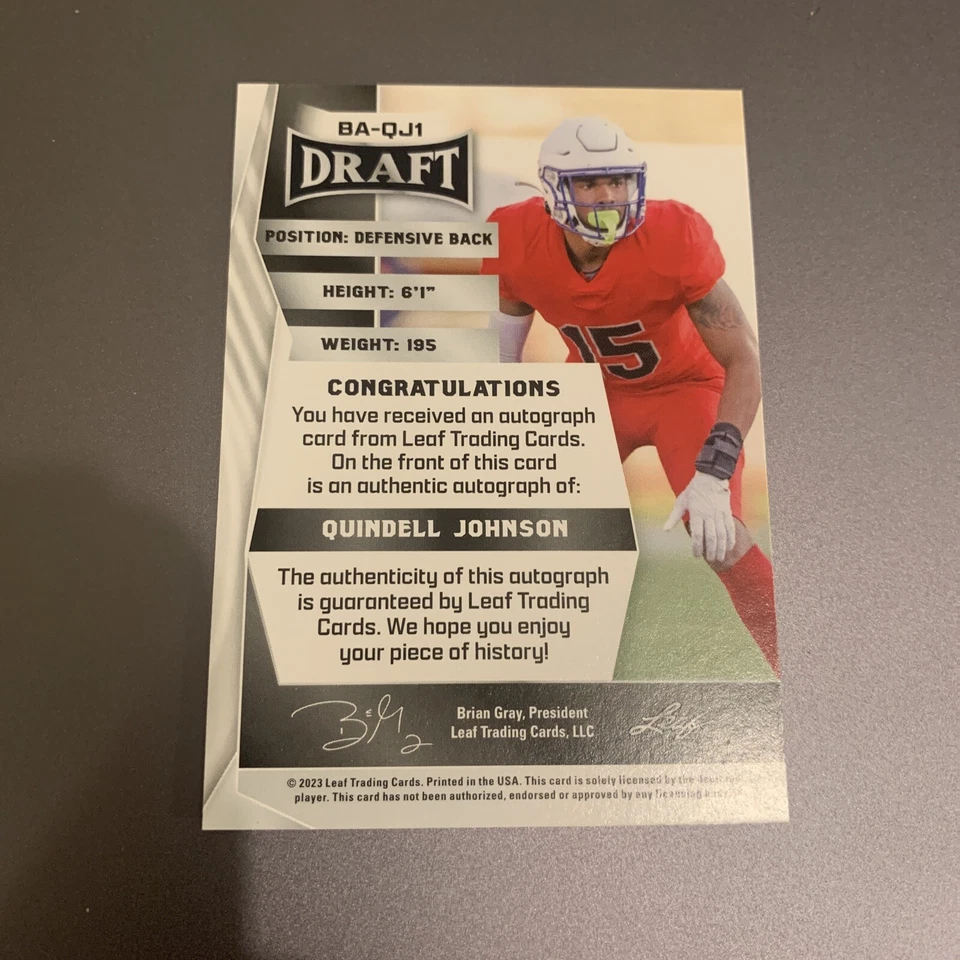 2023 Leaf Draft - Autographs Red #BA-QJ1 Quindell Johnson (AU, RC) - Image 2 of 2