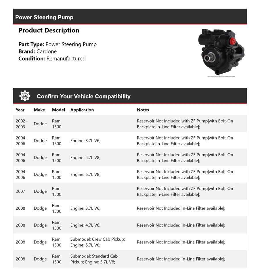 Bomba de dirección asistida Cardone 2003 2004 2005 2006 para Dodge Ram 1500 2002-2008 Foto 2 de 4