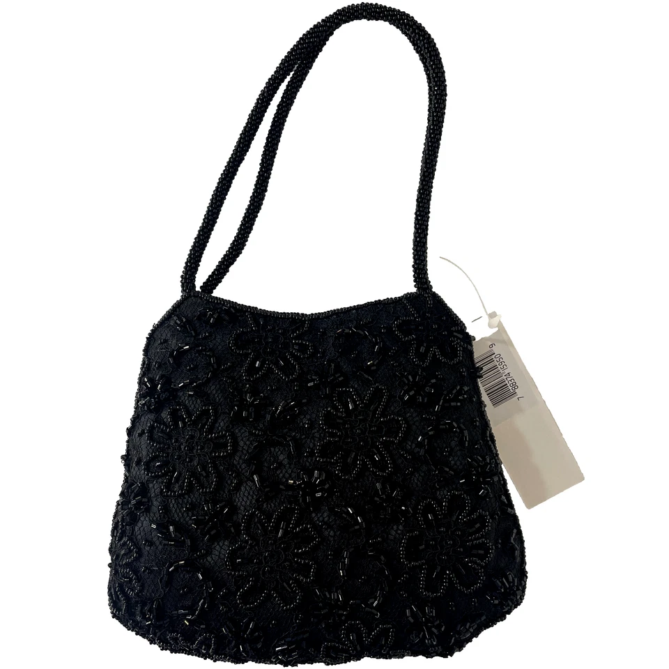 黑色串珠单肩包钱包 La Regale 带标签 复古 20 世纪 80 年代正式 Cocktai NOS — 第 4/4 张图片