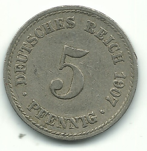 HIGHER GRADE 1907 A GERMANY GERMAN 5 PFENNIG COIN-AGT614
