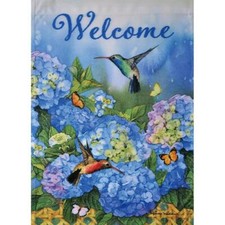 HYDRANGEA HUMMINGBIRDS WELCOME 12.5" X 18" GARDEN FLAG 11-3073-101 RAIN OR SHINE