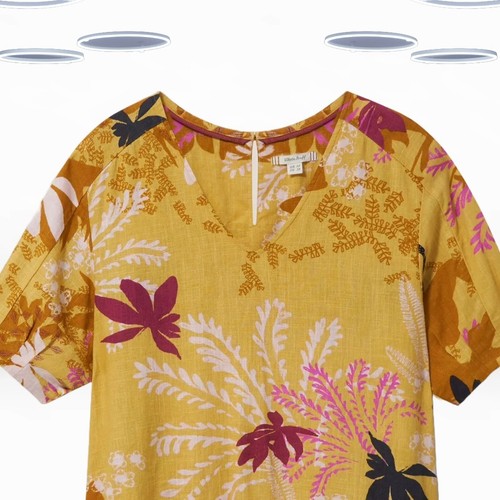 Ex White Stuff Women's Short Sleeve Linen Blend Top in Yellow Floral - Picture 5 of 6