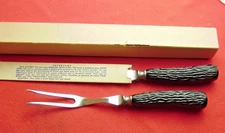 Set of Vintage Cattaraugus Carving Knife Fork Set Black Faux Stag Handles