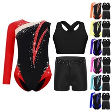 Kids Girls Dancewear Training Set Shiny Rhinestones Outfit Bodysuit Round Neck
