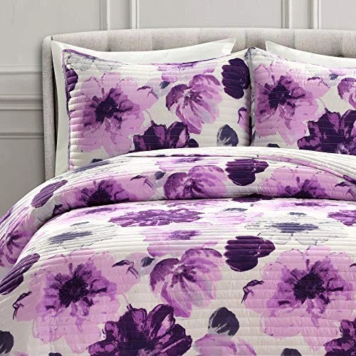Juego de edredón floral reversible Leah, juego de 3 piezas, completo/queen, gris y púrpura - Foto 4 de 4
