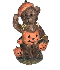 Halloween Teddy Bear Figurine With Pumpkin Outfit and Jack-O-Lanterns Decor