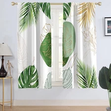 Green and Gold Floral Window Curtain Abstract White Brown Boho Leaf Plant Sag...