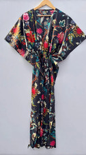 Indian Black Floral Handmade Cotton Kaftan Maxi Dress Women's Clothing Gown US