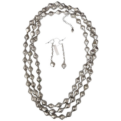 Dell Olio Necklace Earring Set Silver Tone Bead Metallic Long Strand Linea 72 