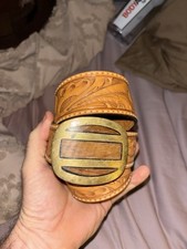 Tony Lama Western Scroll Vtg Brass Buckle Leather Belt 30 Made in USA NWOT