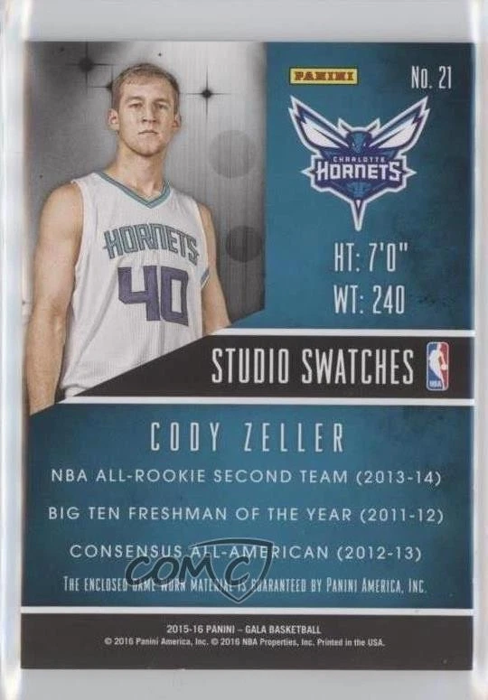 2015-16 Panini Gala Studio Swatches /60 Cody Zeller #21 - Image 2 of 2