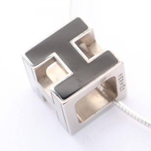 HERMES Cage d'H H Cube Necklace Pendant Stainless Steel Black Used Women
