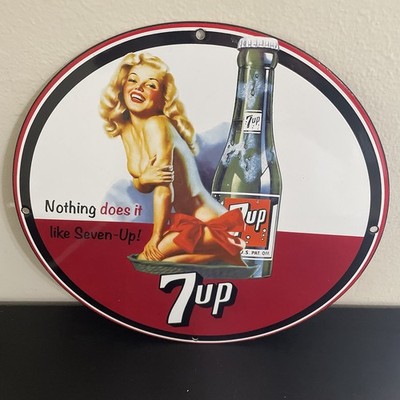 VINTAGE 7UP SODA POP LADY GASOLINE OIL PORCELAIN SIGN