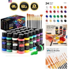 Acrylic Paint Set 24 Colors 2 oz with 12 Art Brushes for Canvas Wood Ceramic