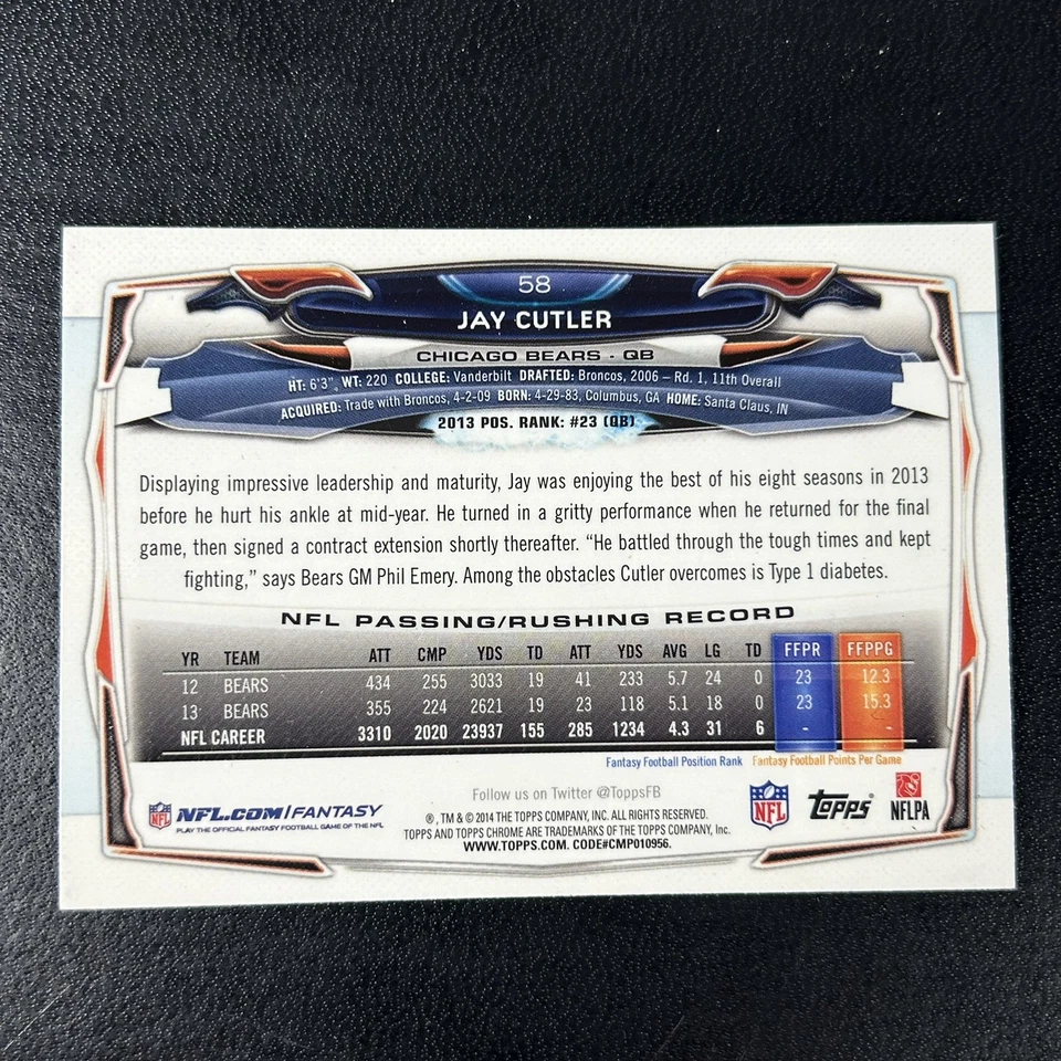 2014 Topps Chrome Retail Orange Refractor Jay Cutler #58 Chicgo Bears - Image 2 of 2