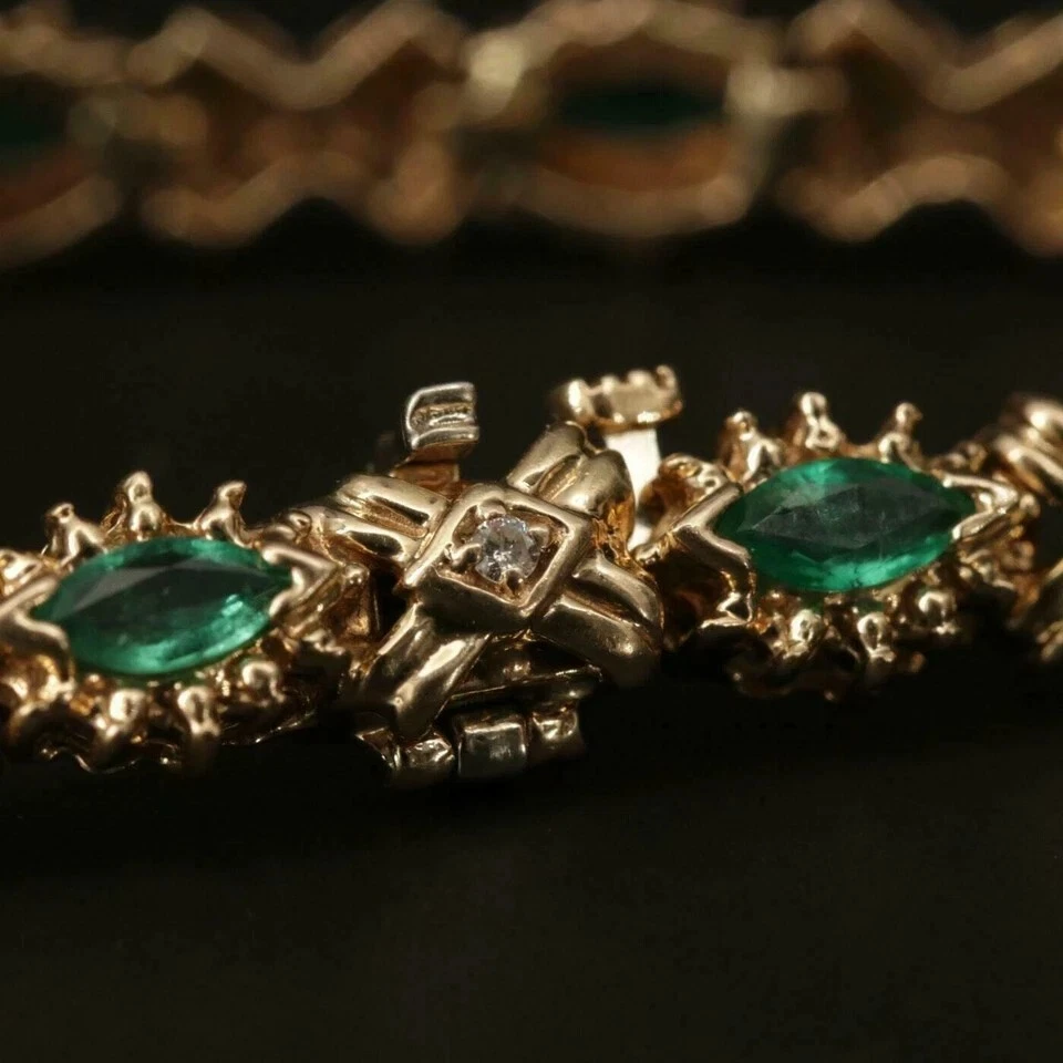 Brazalete Tenis 5 CT Corte Marquesa Creado en Laboratorio Verde Esmeralda Chapado en Oro Rosa 14K Foto 3 de 4