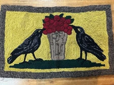 Vintage HAND-HOOKED RAG RUG 36 X 22.5 in TWO BLACKBIRDS Folk Art/Primitive WOOL