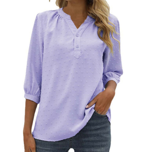 Womens Summer V Neck 3/4 Sleeve Blouses Swiss Dot Tunic Tops Casual Button Shirt - Bild 43 von 50