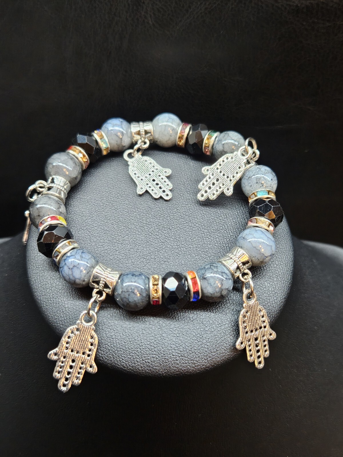 Silver Tone Multi Beaded Charm Stretchable Bracel… - image 1