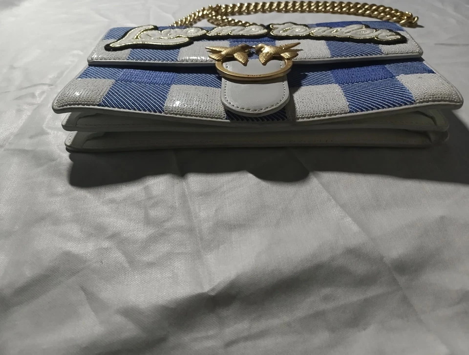 Bolso PINKO Azul Blanco Cuero a Cuadros Lentejuelas Love Me Tender Damier Cadena Solapa Foto 4 de 4