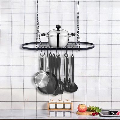 Pot Pan Rack Ceiling Wall Mounted Oval Shelf Hanging Kitchen 10 Hooks Cookware Ebay