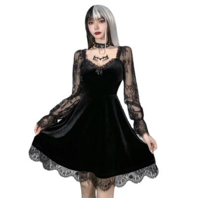 Lady Lace Velvet Mini Dress Long Sleeve Ruffle Gothic Punk Steampunk Black  Party | eBay