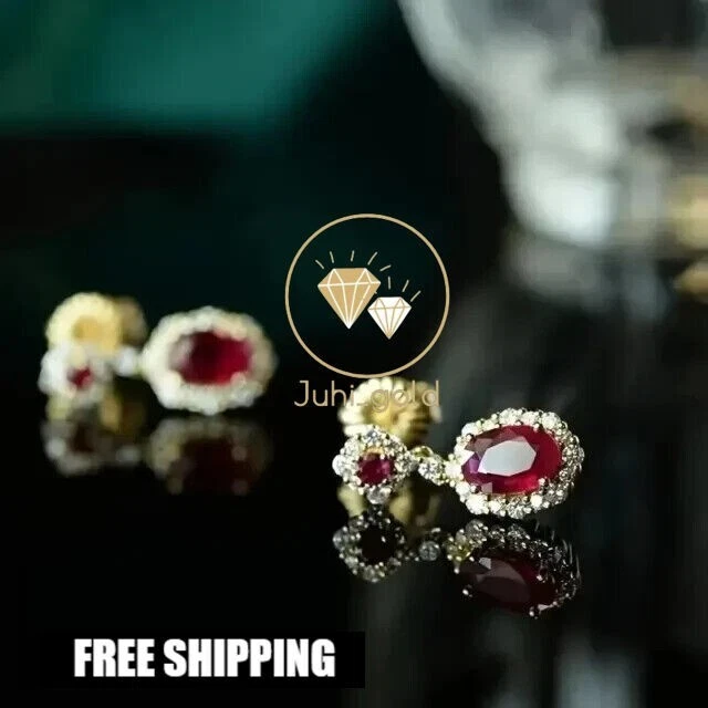 Elegantes aretes colgantes de rubí rojo simulado ovalados de 4 quilates enchapados en oro amarillo de 14 quilates para mujer Foto 3 de 4