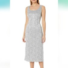 R&M Richards Silver Sequined Midi Bodycon Sleeveless Formal Shift Dress Size 12